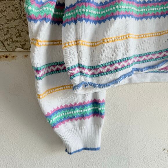 Vtg Liz Claiborne Cardigan Pastel Stripe Cropped Sweater Made in USA 90s Women L - Picture 2 of 9